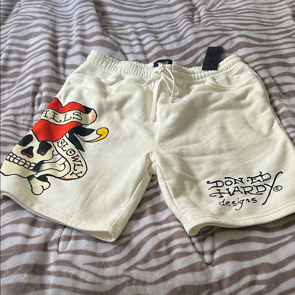 Ed Hardy Cream Shorts with Skull and Heart Design